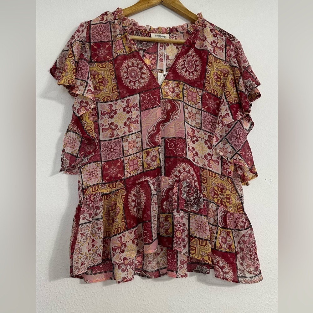 Umgee Multicolor Patchwork Blouse with Ruffle Sleeves - Picture 4 of 11